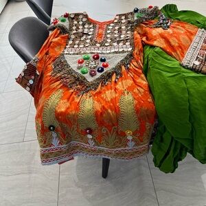 Women Afghan clothes good condition ,orange color with green pants and scarf